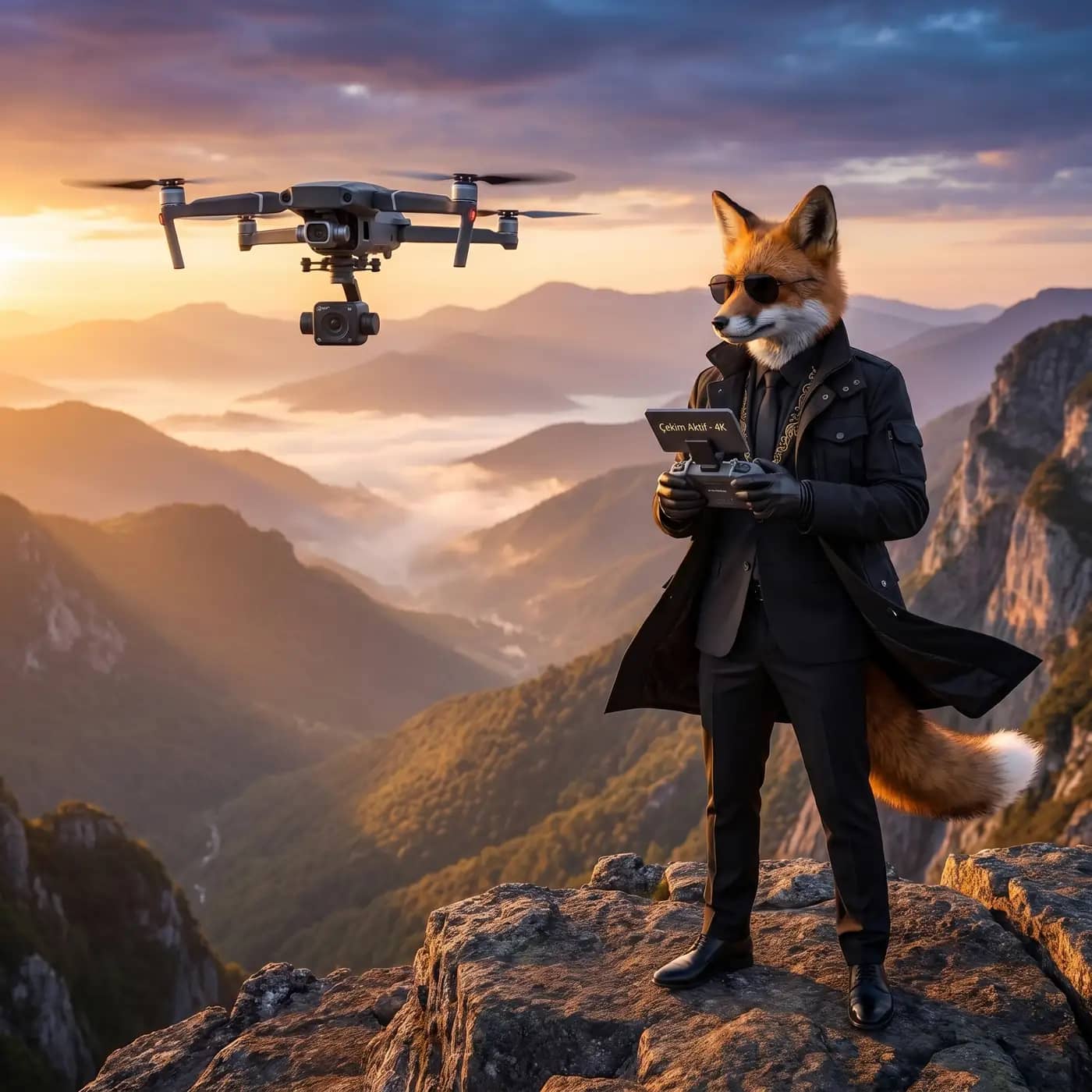 Lein Digital Drone Çekimi — yapay zeka tilki maskotu altın saatte dağ vadisi üzerinde drone pilotluyor
