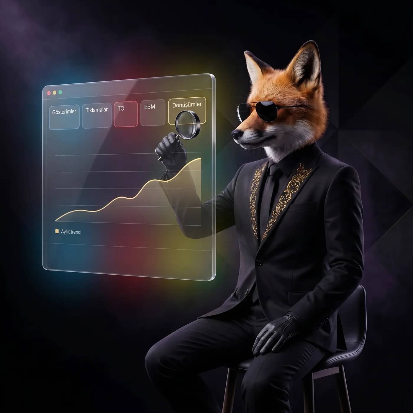 Lein Digital Google Reklamları — yapay zeka tilki maskotu Google Ads kampanya panelini büyüteçle inceliyor