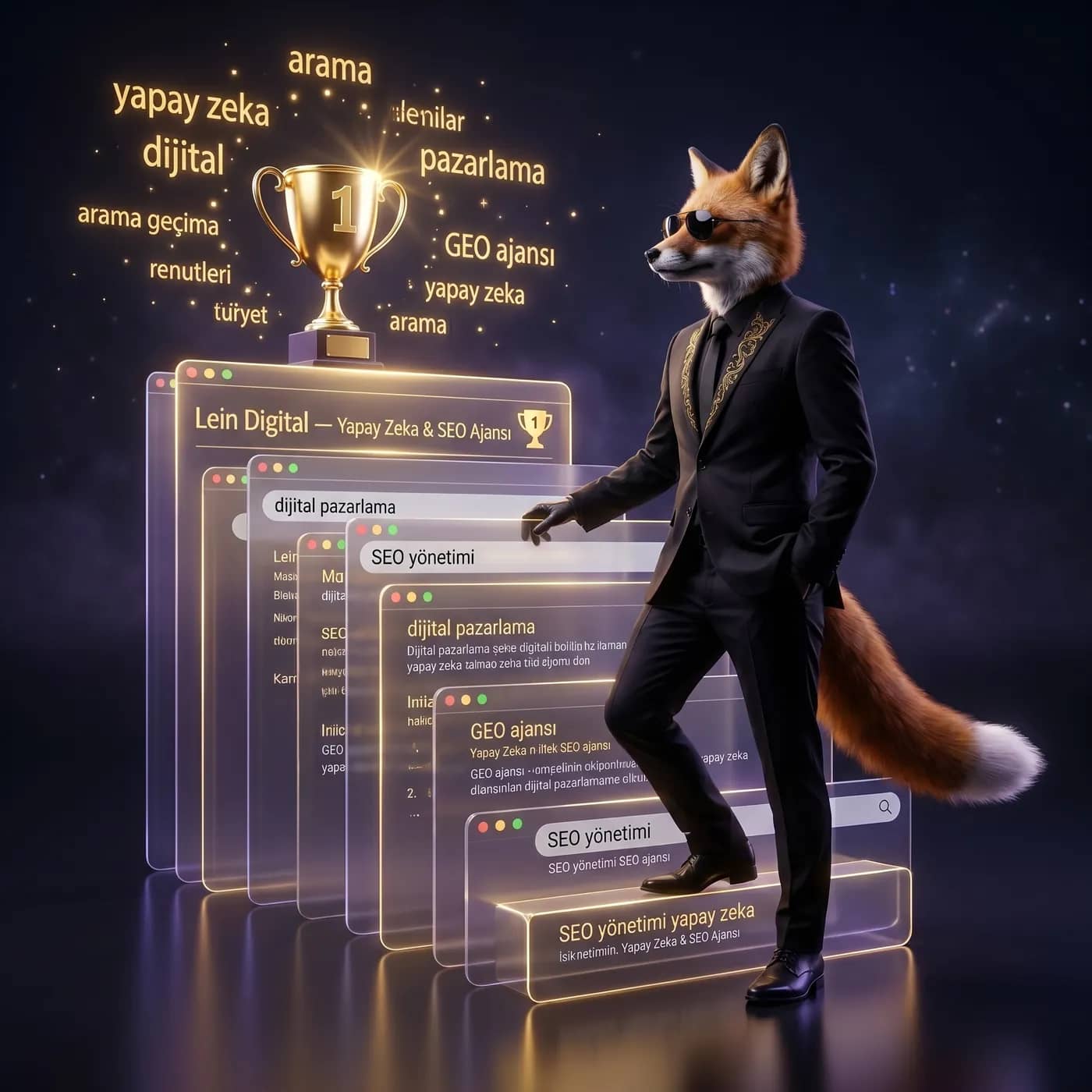 Lein Digital SEO Yönetimi — yapay zeka tilki maskotu Google SERP sonuçlarını birinci sıraya tırmandırıyor