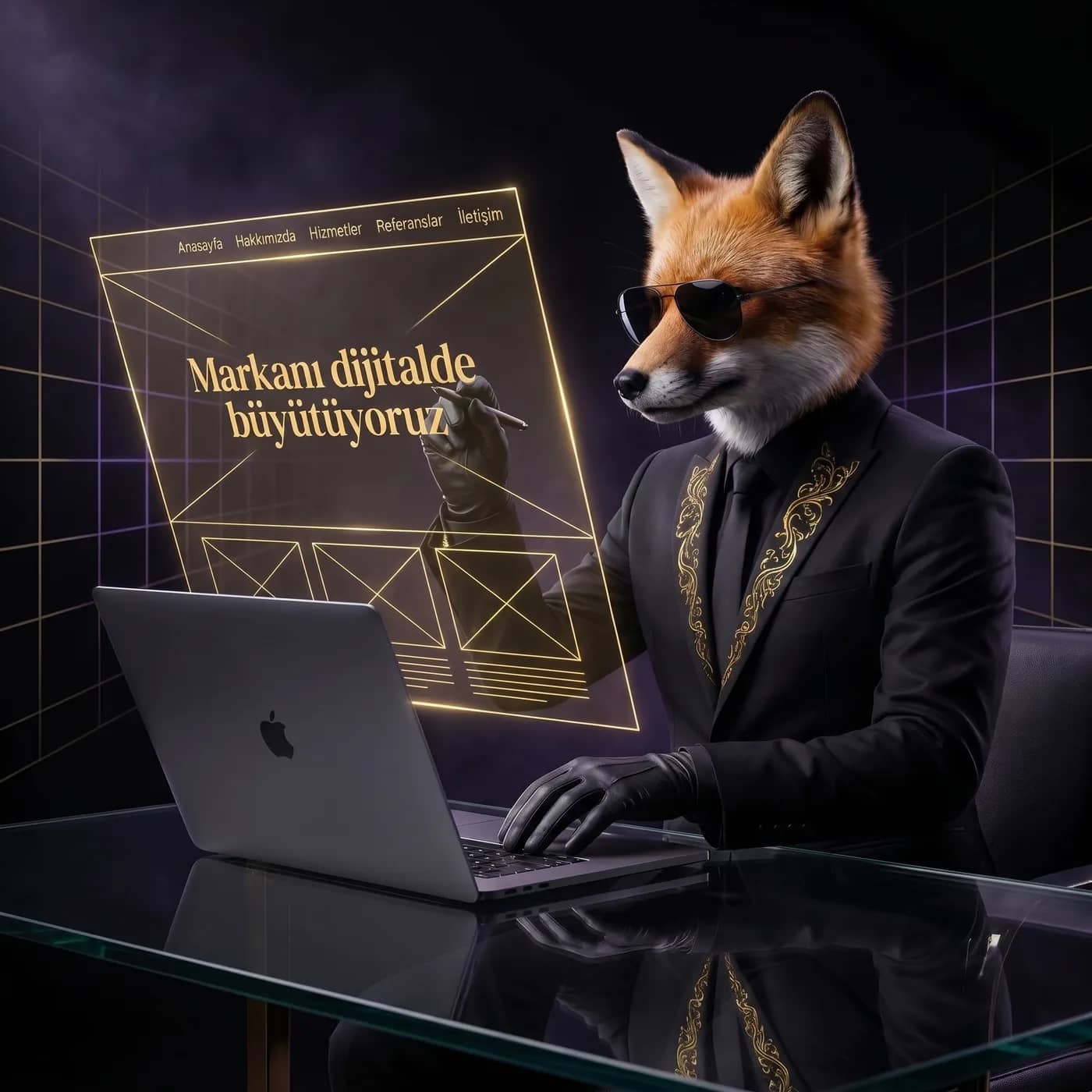Lein Digital Website Tasarımı — yapay zeka tilki maskotu Next.js kodu ve Figma tasarım çerçeveleri arasında modern web sitesi tasarlıyor